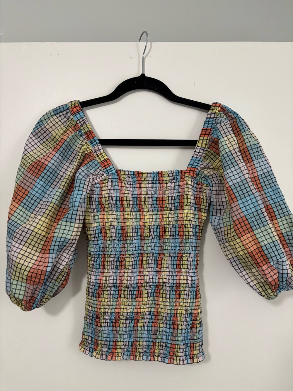 Ganni Multicolor Smocked Square-Neck Puff Sleeve Top